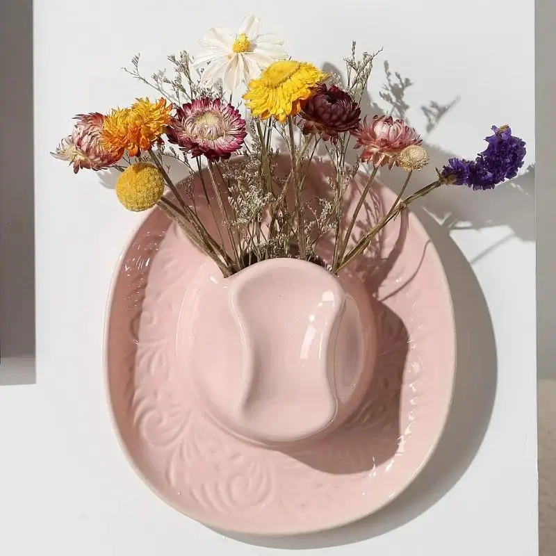 Artistic wall-mounted ceramic planter with cowboy hat design. Great wall accent for houses, delicate unique gift for housewarming