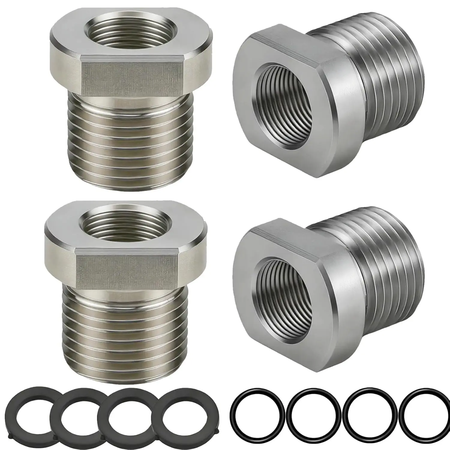 4-Pack 304 Stainless Steel 1/2-28 Female to 3/4-16 Male Thread Adapter, Heavy-Duty Thread Reducer Converter with Rubber Washers & O-Rings, Precision CNC Thread Adapters