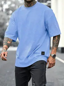 Men's Washed Vintage Crew Neck T-Shirt, Minimal Small Label Patch Oversized Basic Tee, Solid Color Casual Daily Streetwear Top #BasicTee #WashedVintageShirt #LabelPatchTee #EverydayStreetwear #TikTokMadeMeBuyIt