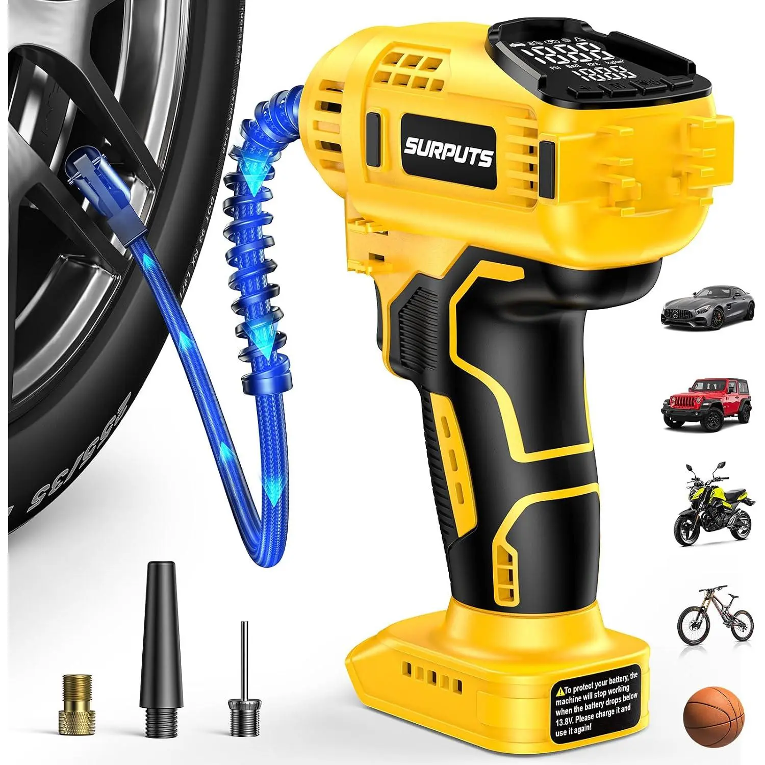 VOICE-TANK Tire Inflator Air Compressor Compatible with Dewalt 20V Battery, 150PSI Cordless Portable Air Pump with Digital & Auto Shut-Off, LED Light for Car Motorcycles Bike Ball (Tool Only) (Yellow)