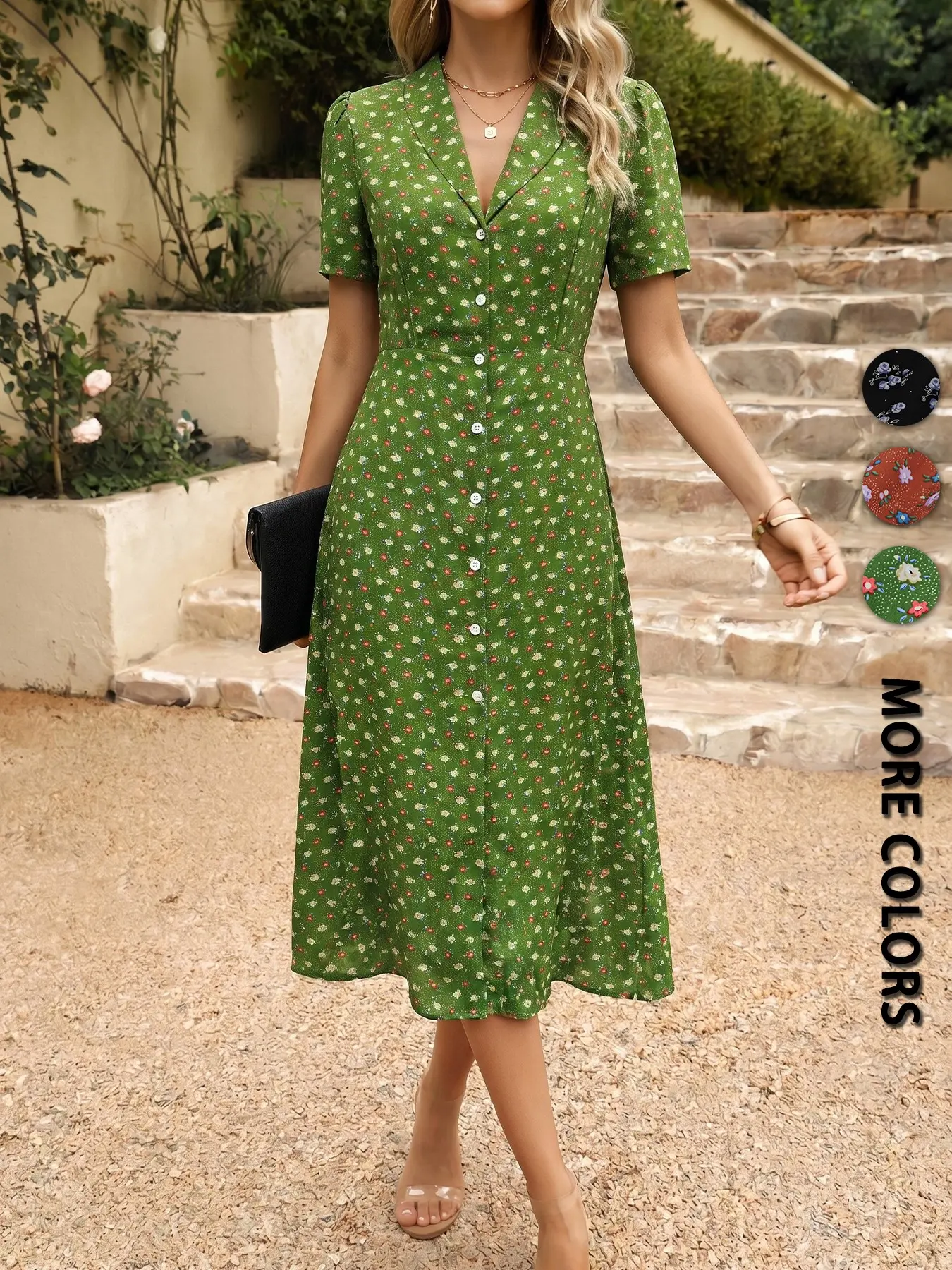 Spring Summer French Style Formal Floral Dress, Blazer Neck Waist Cinch a Line Short Sleeve Midi Dress, Multiple Colors Available, Office Wear