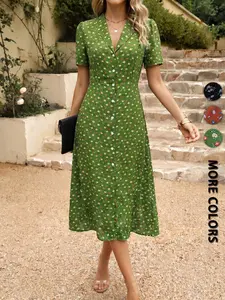 Spring Summer French Style Formal Floral Dress, Blazer Neck Waist Cinch a Line Short Sleeve Midi Dress, Multiple Colors Available, Office Wear