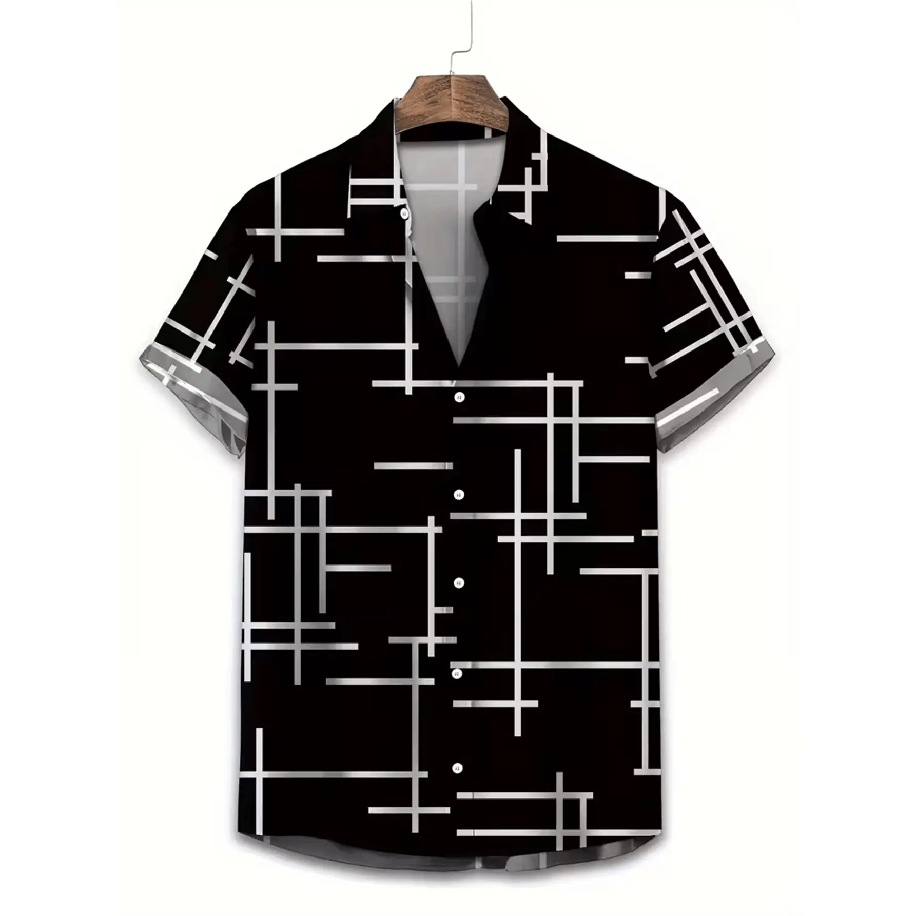 Men's minimalist geometric short-sleeve shirt, trendy and cool style shirt, full-print black and white contrasting line pattern, loose-fitting top, suitable for street, casual, and everyday wear