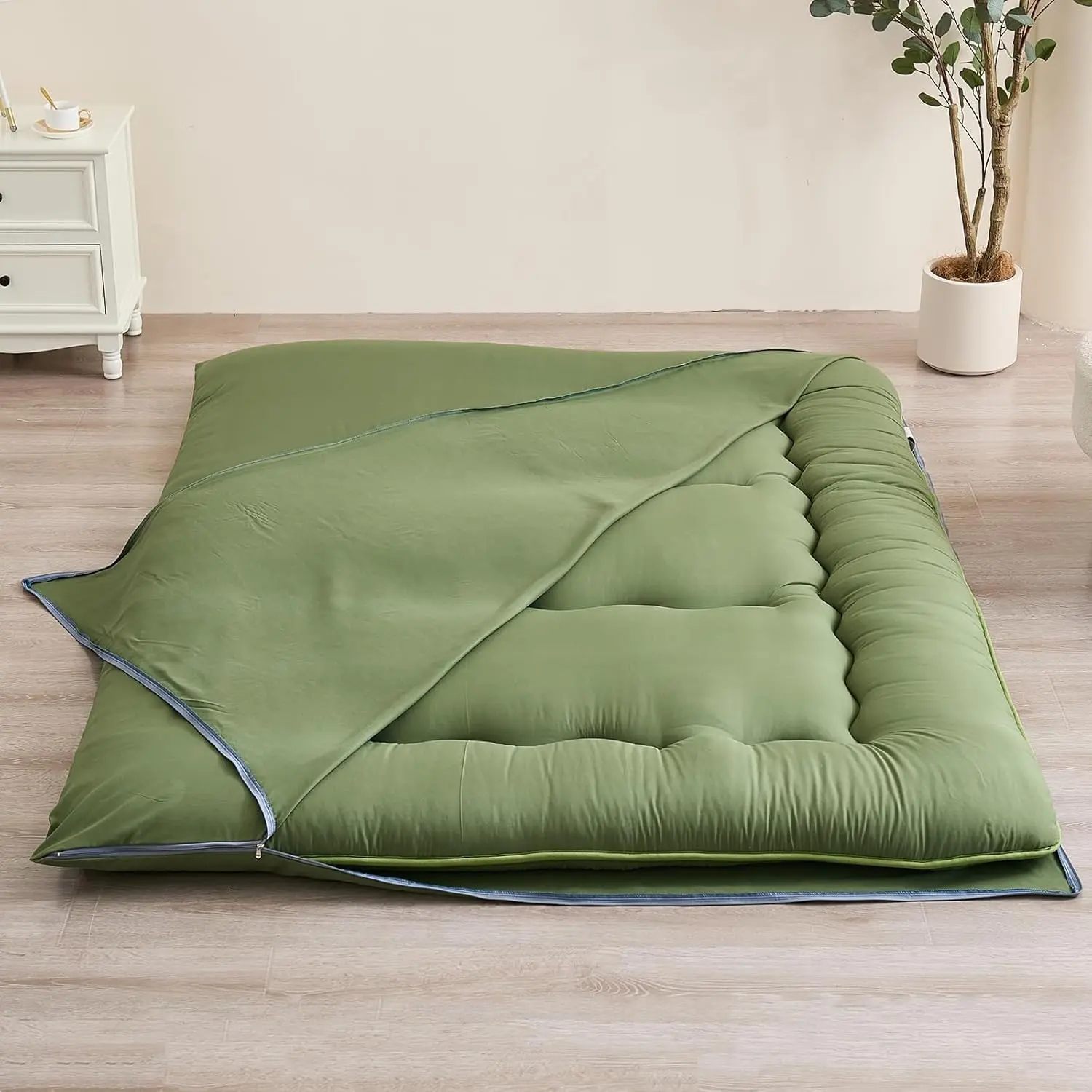 1-Piece Polyester Japanese Floor Futon Mattress Cover, Machine Washable, Multi-Size Option Available, Green, Full, One-Piece