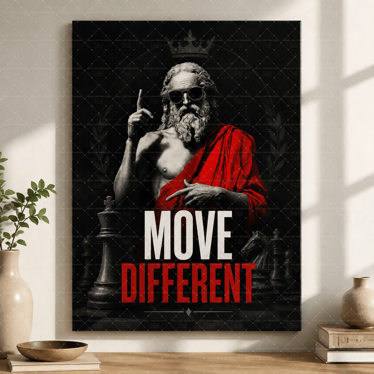 Move Different Canvas Wall Art| Red Black Greek Statue Chess Poster| Strategy Mindset Decor for Living Room Bedroom Office,wall decor,poster.