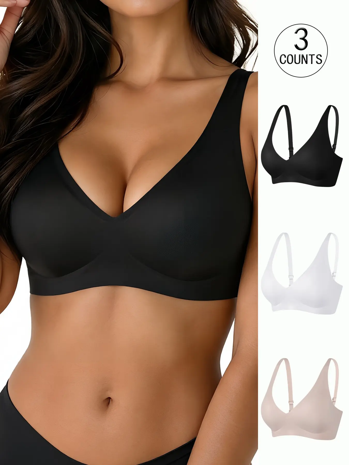 4 Colors Available,3-pcs,Seamless Jelly Bra, Lifts & Supports Bust with Strong Hold, Shapes Chest Well; Suitable for Casual Daily, Work & Dating; Plus Sizes XS-3XL; Made of Skin-Friendly & Soft Fabric, Adjustable Straps Sports Tank Top Style Ladies Bra