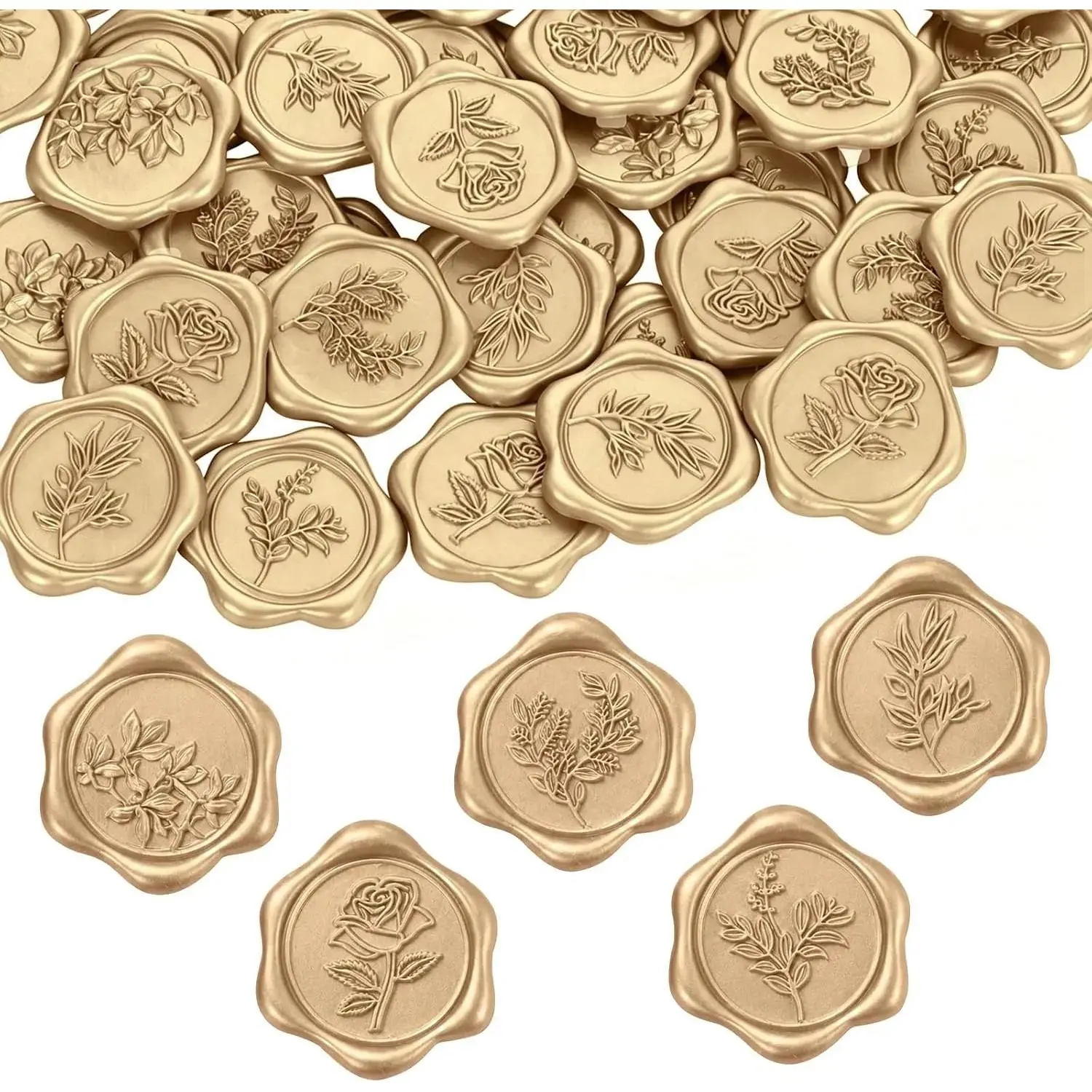 Pollize 50Pcs Wax Seal Stickers 5 in 1, Wedding Envelope Stickers (Leaf) | 3D Embossed Self-Adhesive Gold Wax Seals Pre-made for Wedding Invitaions, Gift Wrapping, Graduation, Parties