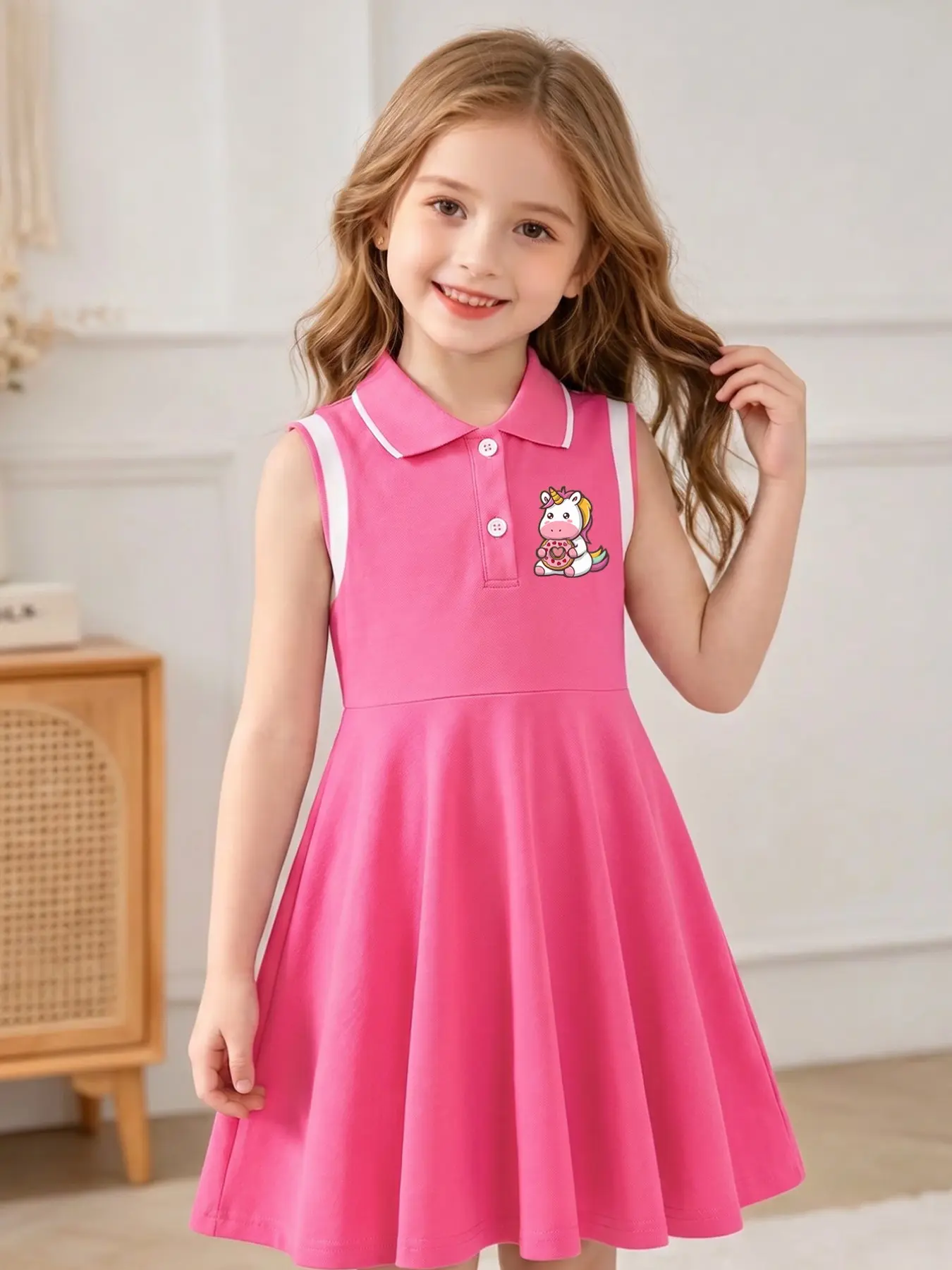 Girls' Cute Unicorn Donut Print Polo Neck Sleeveless Dress, Casual College Style, Comfortable and Versatile, Perfect for Back-To-School Season