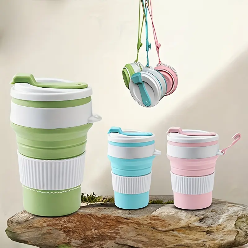 Silicone Collapsible Travel Cup, Reusable Food Grade Folding Mug with Lids, Expandable Retractable Drinking Set, Portable, Pocket Size for Outdoor Camping Travel and Hiking