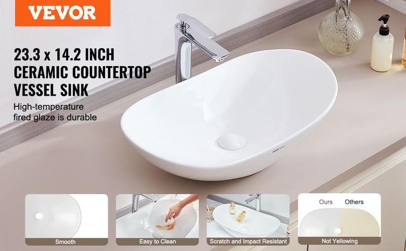 VEVOR Modern Ceramic Vessel Sink 23.3" x 14.2" Bathroom Vanity Bowl Countertop VEVOR Modern Ceramic Vessel Sink 23.3" x 14.2" Bathroom Vanity Bowl Countertop
