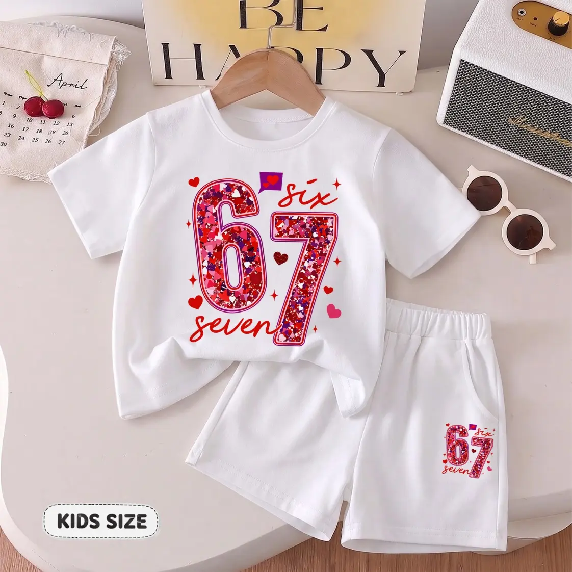 Girls’ Six Seven Printed Design Short Sleeve T-Shirt And Shorts Set, Casual Kids Summer Outfit, Comfortable Crew Neck Clothing Set For Daily Wear And Outdoor Play