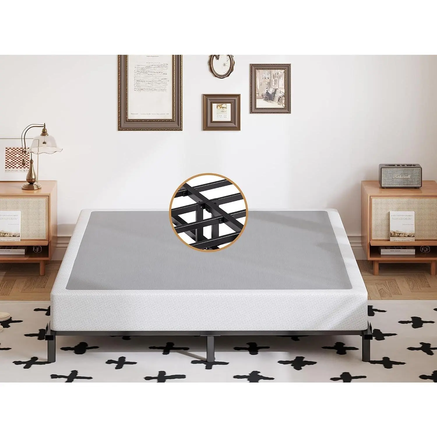 Box Spring Queen 5 inch Low Profile Heavy Duty Metal Mattress Foundation Max Weight Capacity Strong Steel Structure Quiet Simple Assembly No Noise Easy to Clean Box Spring Only