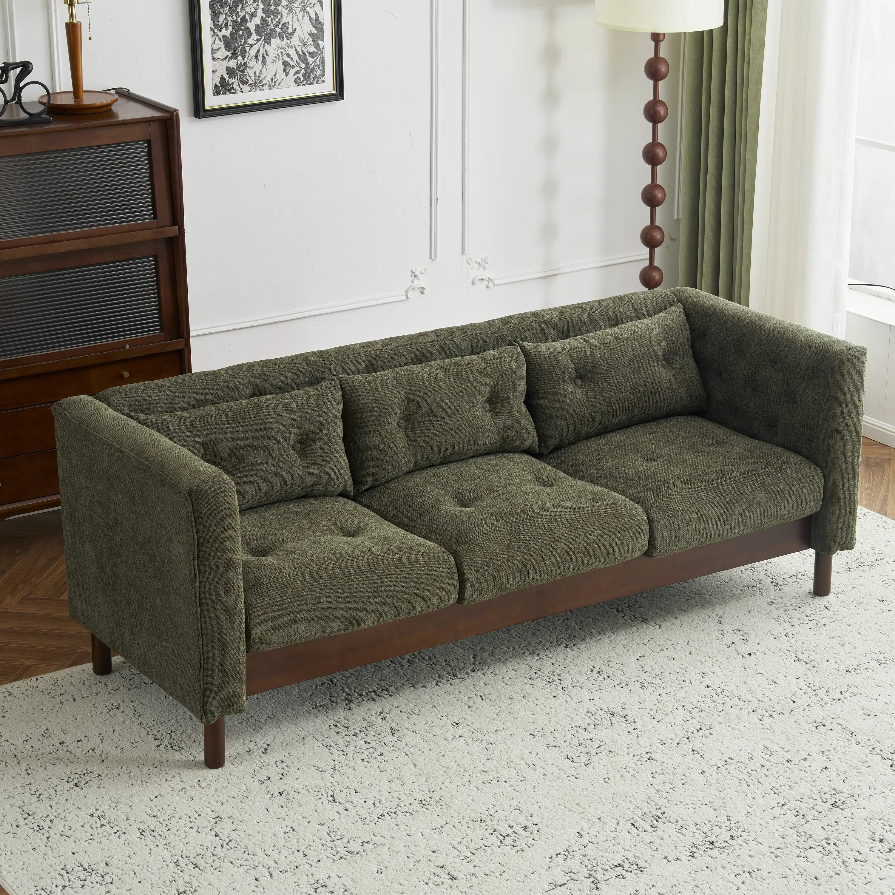ARCH 78" Upholstered 3-Seater Sofa Couch for Living Room, Dark Green Tufted Back with Square Arms, Polyester Fabric, Foam Padding, Rubberwood Legs, American Design, 900lbs Capacity, 29.75Wx78Dx29H in, Dark Green Color Options, Polyester Material