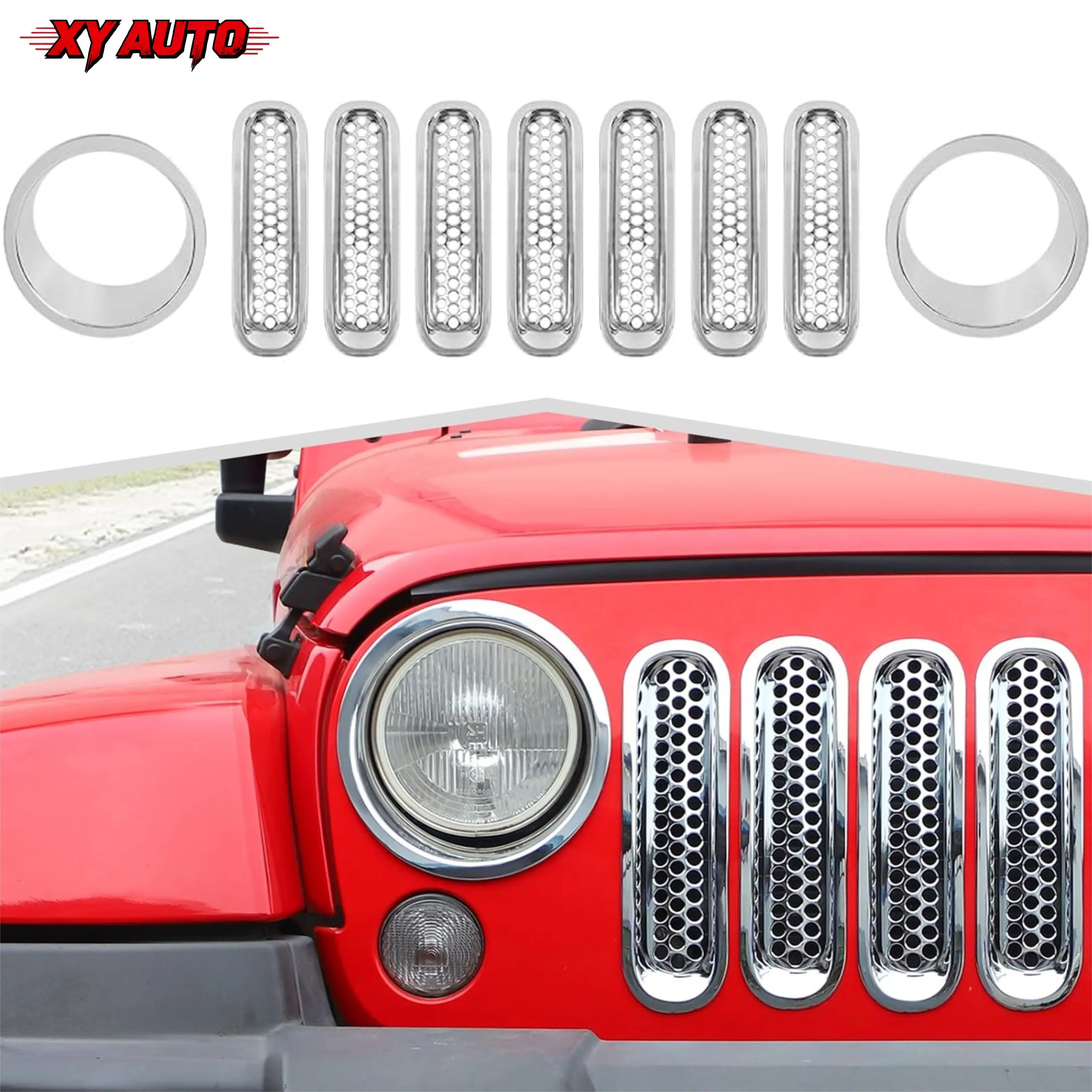 9Pcs Fit for Jeep Wrangler JK 2007-2018, Mesh Grille Insert & Headlight Cover Trim, Net Style Decoration Kit, Front Grill and Headlight Ring Auto Exterior Accessories