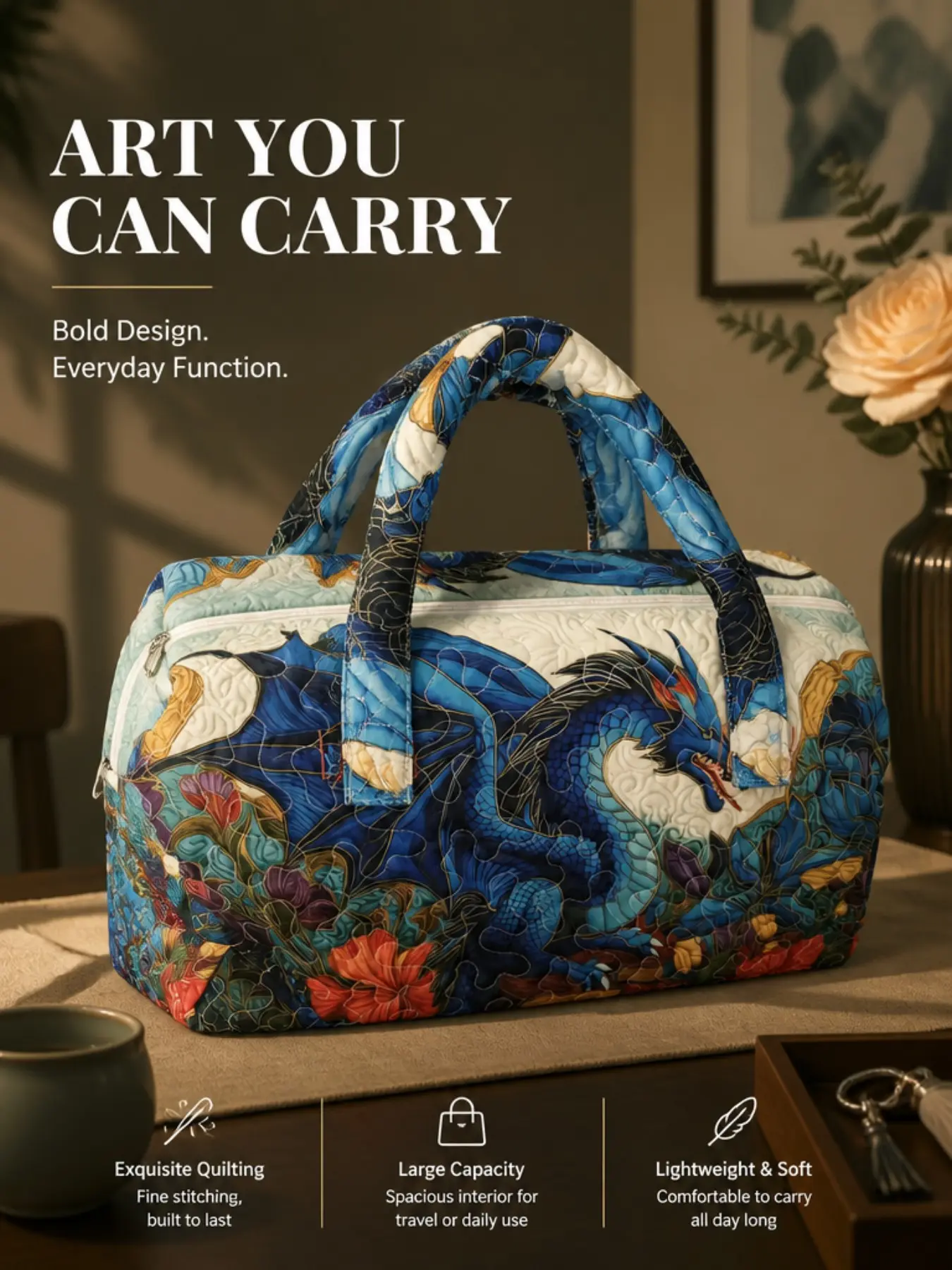 Mythical Dragon Print Quilted Handbag, Large Capacity Soft Quilted Weekend Travel Bag, Lightweight Overnight Fitness Luggage, Ideal for Outdoor Trips and Vacations