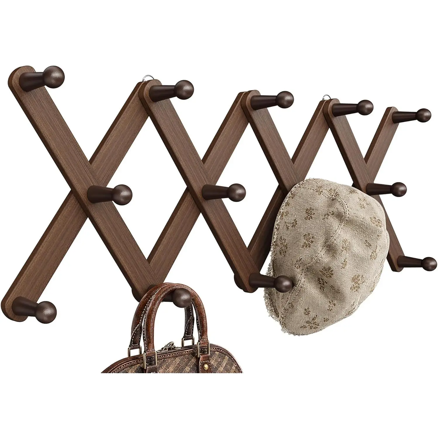 Accordion Wall Hanger, Hat Rack for Wall with 14 Coat Hooks, Expandable Hat Hangers Organizer, Vintage Decorative Coat Rack Wall Mount for Purse, Mug (Brown)