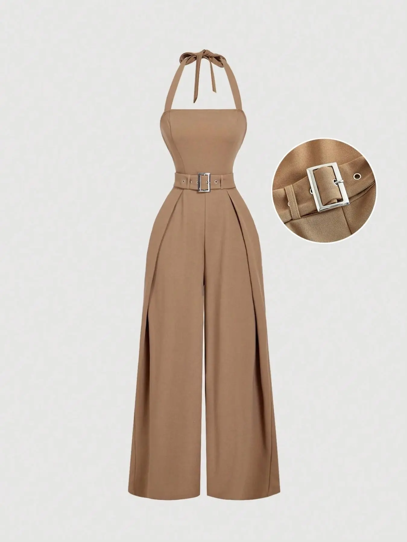 Women's Halter Fashion Jumpsuit, Wrinkle-Resistant Smooth Fabric, Elegant Chic Plain Design, Fitted All-Season Workwear, Simple Office Style