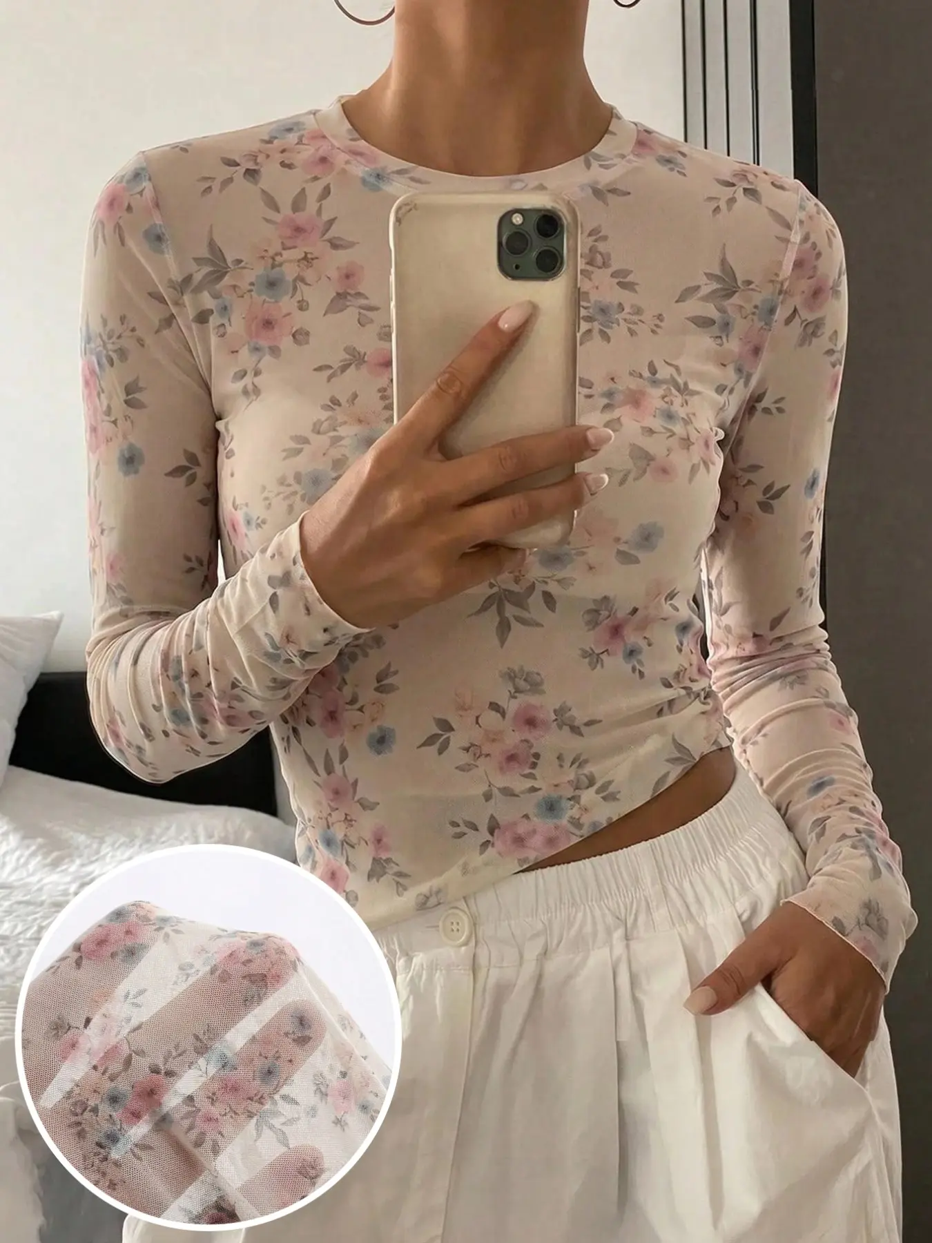 Floral Print Mesh Top Fitted Long Sleeve Top  Y2K Sheer Long Sleeve Tight Fit Shirt Women Vintage Graphic Bodycon Tee Going Out Party Clubwear Chic Botanical Pattern Blouse Casual Summer Layering Tops Streetwear Fashion #springsaledeals2026