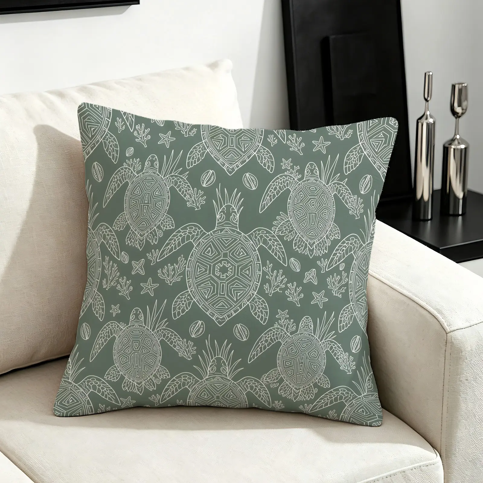 45x45cm 1Pc Bohemian Ocean Turtle Morandi Line Drawing Multi-Base Color Throw Pillow, Machine Washable, Fresh Artistic All-Over Print, Plush Soft Filling, All-Age & All-Scene Four-Season Decorative Cushion (With Pillow Insert Included)