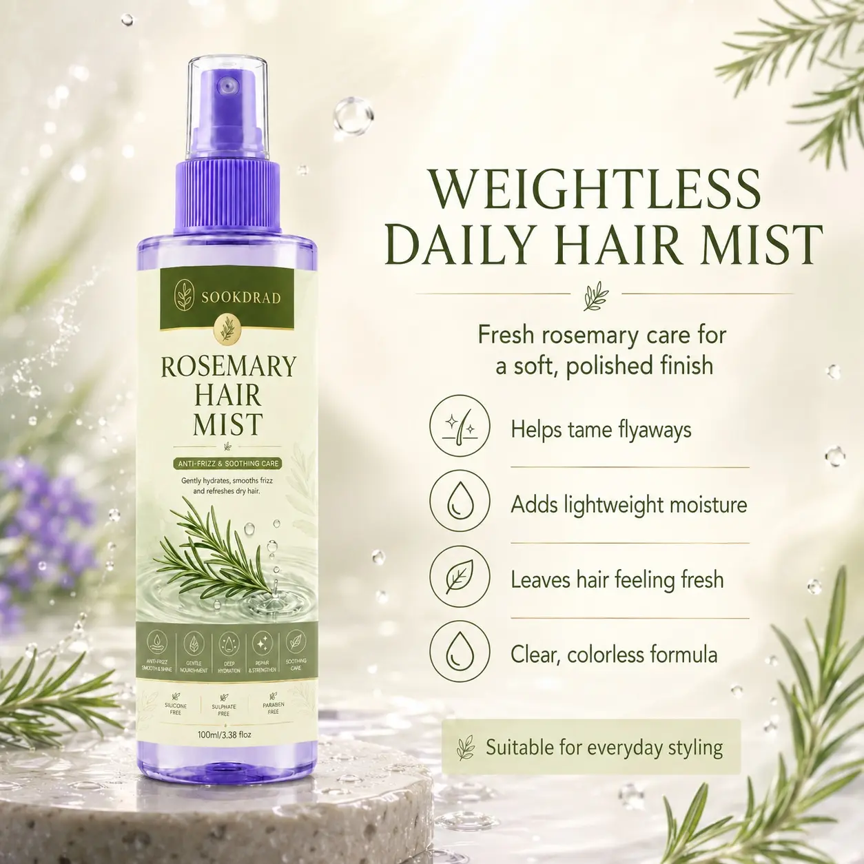 Rosemary Hair Mist, rosemary extract, anti-frizz, hydrate control frizz, soothing care, gentle hydration, smooth dry hair, refresh hair, hair, silicone free, sulphate free, paraben free, daily hair care, 100ml/3.38fl oz