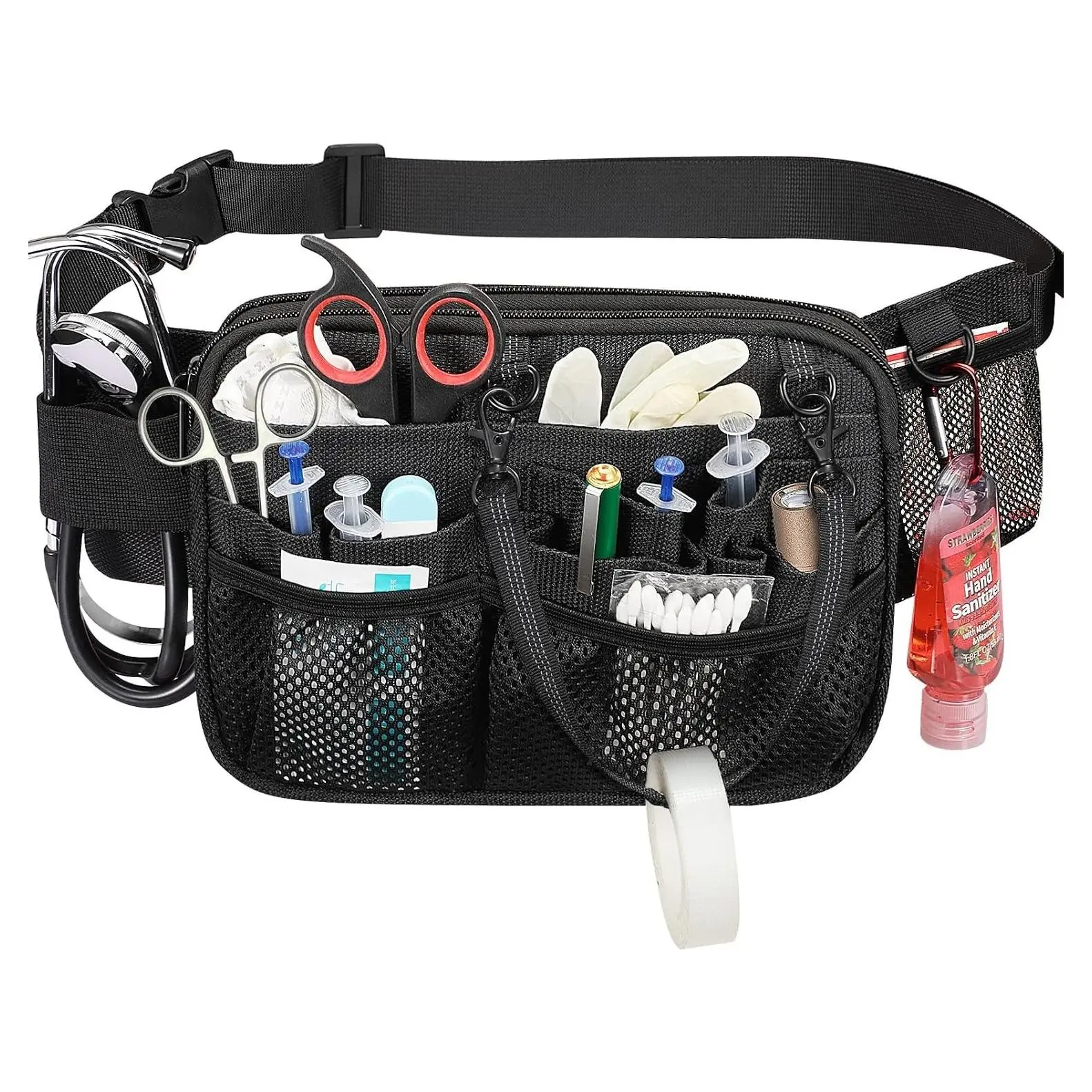 Multi-Compartment Nurse Fanny Pack with Tape Holder, Nursing Utility Waist Bag for Stethoscopes, Bandage Scissors, and Medical Supplies (Black)Gift