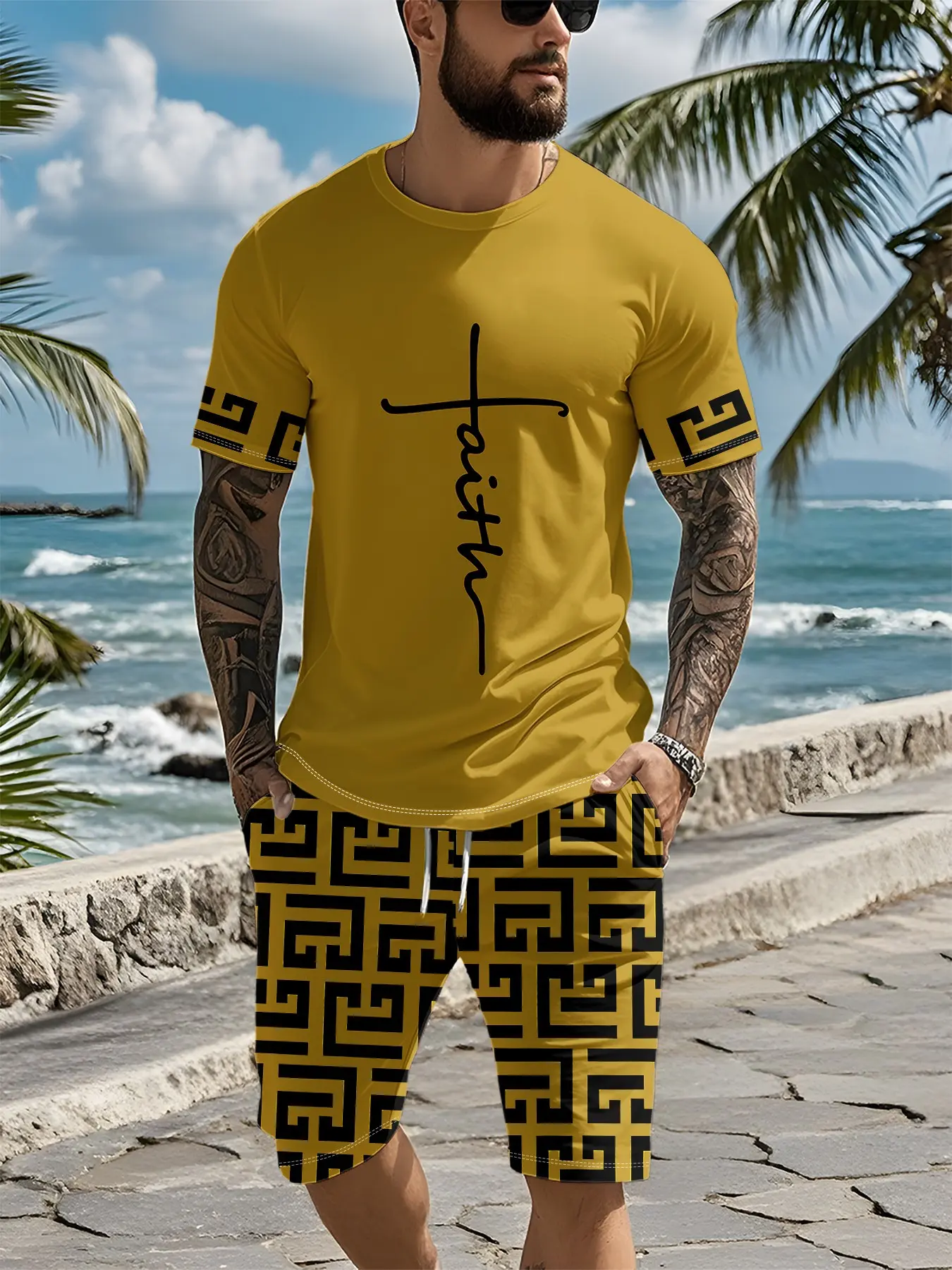 Men's 3D digital print 2-piece set with turmeric vertical line handwritten decorative cuffs and traditional Chinese interlocking spiral patterns, 2Pcs, trendy fashion suit, trendy retro casual two-piece outfit, trendy vacation-style wear, breathable sport