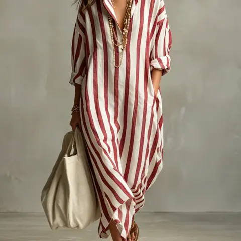 Summer Lightweight Loose Striped Long Shirt Dress, Women's Comfortable Stylish Collared Three-Quarter Sleeve Pocket Dress, Comfortable and Stylish, Casual Comfy Fashion