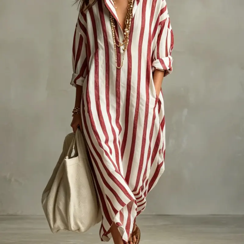 Summer Lightweight Loose Striped Long Shirt Dress, Women's Comfortable Stylish Collared Three-Quarter Sleeve Pocket Dress, Comfortable and Stylish, Casual Comfy Fashion