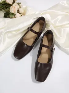 Vintage Square Toe Mary Jane Flat Shoes, Soft PU Leather, Plain Design, Rubber Sole, All Seasons, Casual Women's Footwear