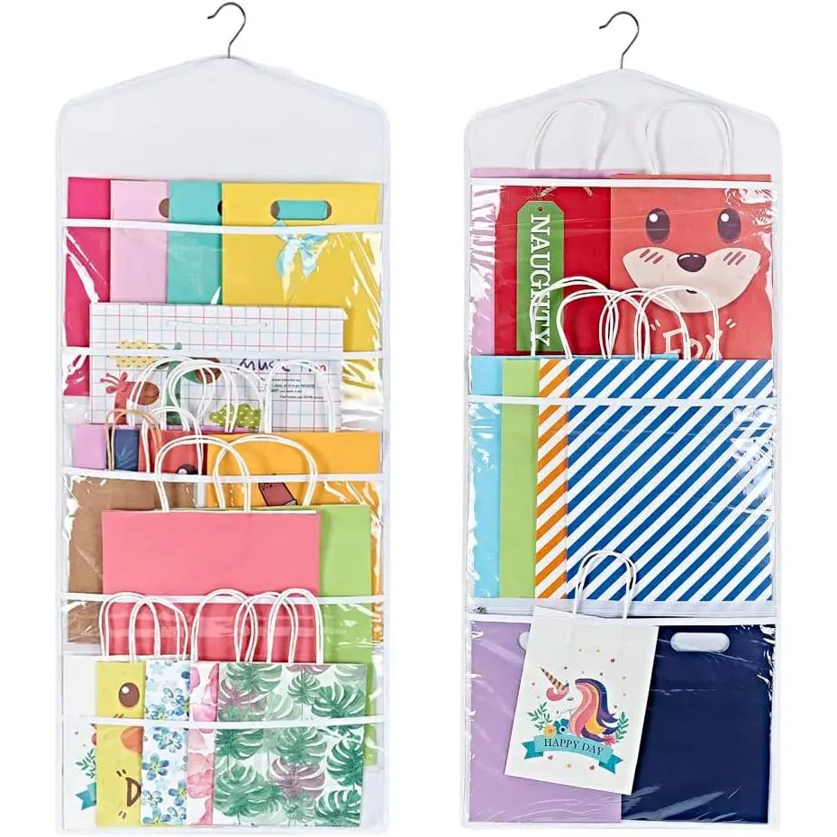 Double Sided  Bag Storage Organizer with Multiple Front and  Pockets - Organize Your  Wrap, Tissue Paper, and Paper Bags 38 x 16 Inch PVC (White)