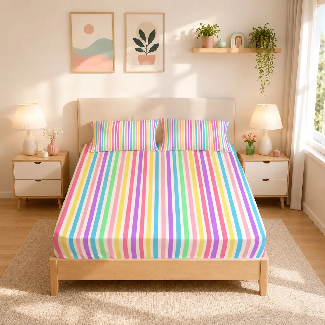 Macaron Rainbow Stripe Fitted Sheet Set, 3 Pcs (1 Fitted Sheet + 2 Pillowcases, No Inserts). Dopamine Color Style, Soft, Skin-friendly and Breathable, for Girls, Women and Best Friends. Nice Decor Gift for Bedrooms, Striped Sheets