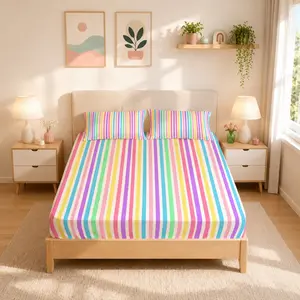Macaron Rainbow Stripe Fitted Sheet Set, 3 Pcs (1 Fitted Sheet + 2 Pillowcases, No Inserts). Dopamine Color Style, Soft, Skin-friendly and Breathable, for Girls, Women and Best Friends. Nice Decor Gift for Bedrooms