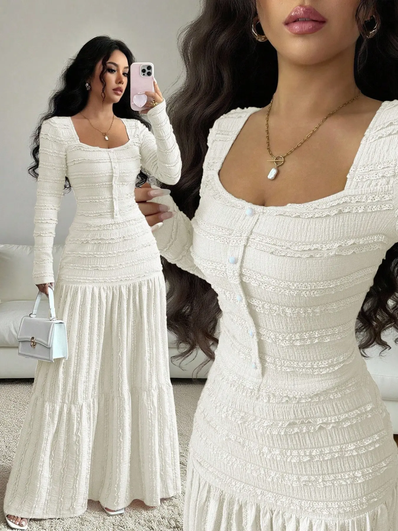 French Lace Ruched Two-Piece Dress Set, Elegant Moonlight Waist-Cinch Skirt Set, Beach Vacation Office Noble Style Long Set, Vintage Soft Fit Fairy Set