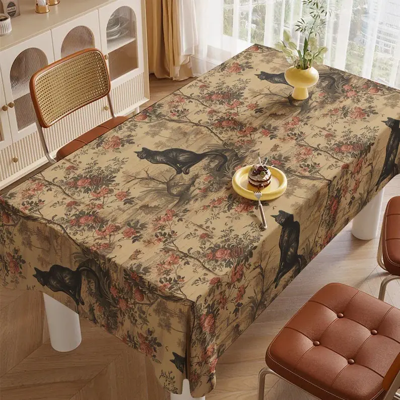 Fall Leaves Tablecloth,Black Cat with Autumn Flowers Table Linen,Gingham Checkered Table Cover,Thanksgiving Tabletop,White Pumpkin Table Top