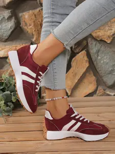 Fashion Sporty Outdoor Shoes, Comfortable Lace-Up Women's Casual Athletic Sneakers, Casual Sports Sneakers, Striped PU Leather, Rubber Sole, All Seasons