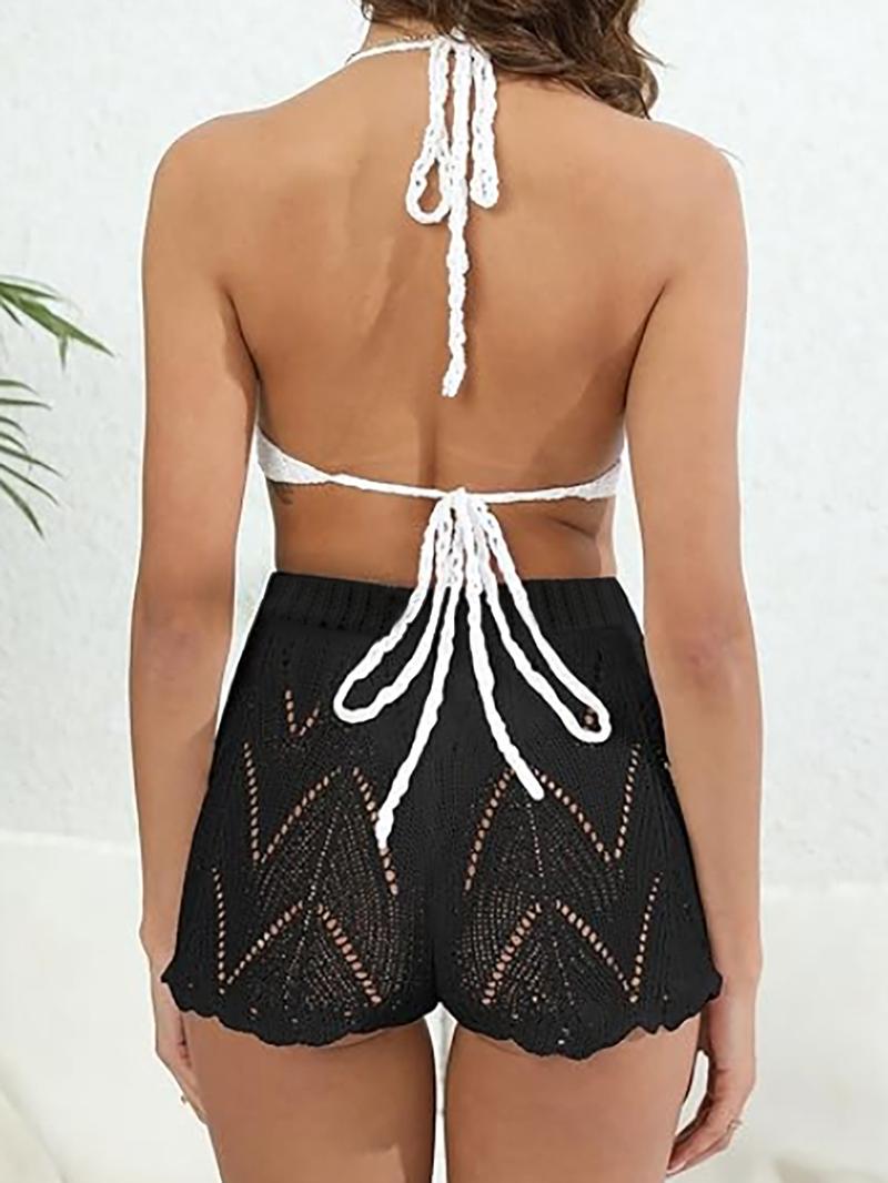 Women's Plain Hollow Out Drawstring Waist Knit Shorts, Casual Relaxed Shorts, Boho Scallop Trim Cover Up Shorts for Beach Holiday Vacation, Ladies Summer Bottoms