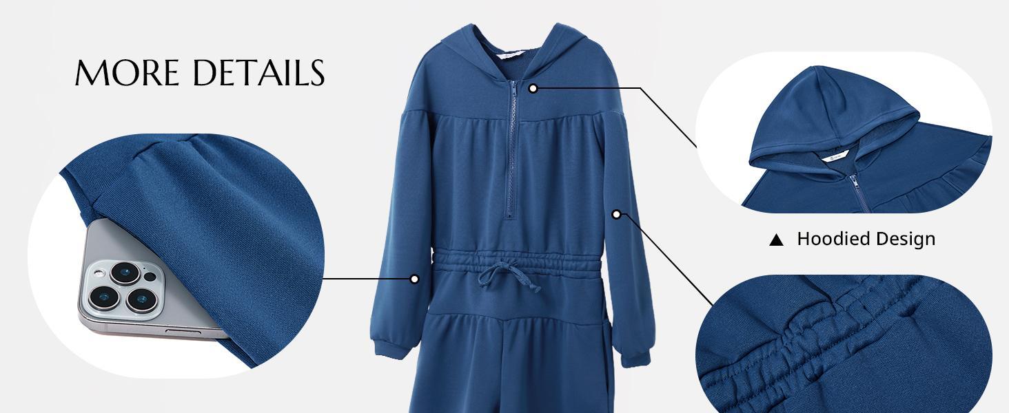 FMEYOA Womens Rompers Casual One Piece Outfits Half Zip Long Sleeve Hoodies Casual Shorts Drawstring Waist Jumpsuits