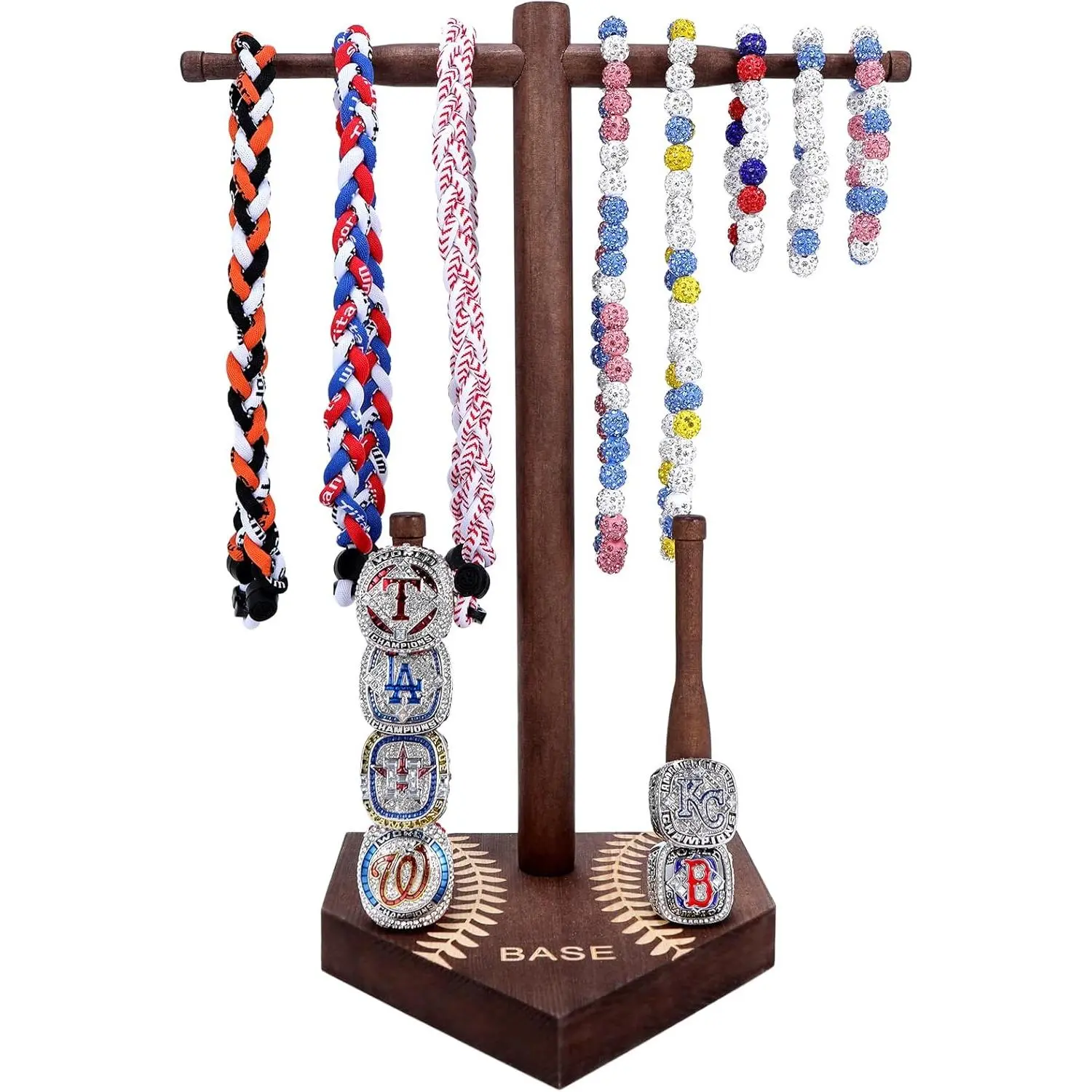 Baseball Drip Necklace Holder - Wooden Baseball Ring Bracelets Display Holder, Baseball Softball Gifts For Boys Girls, Baseball Accessories Decor, Championship Ring Organizer Jewelry Holder