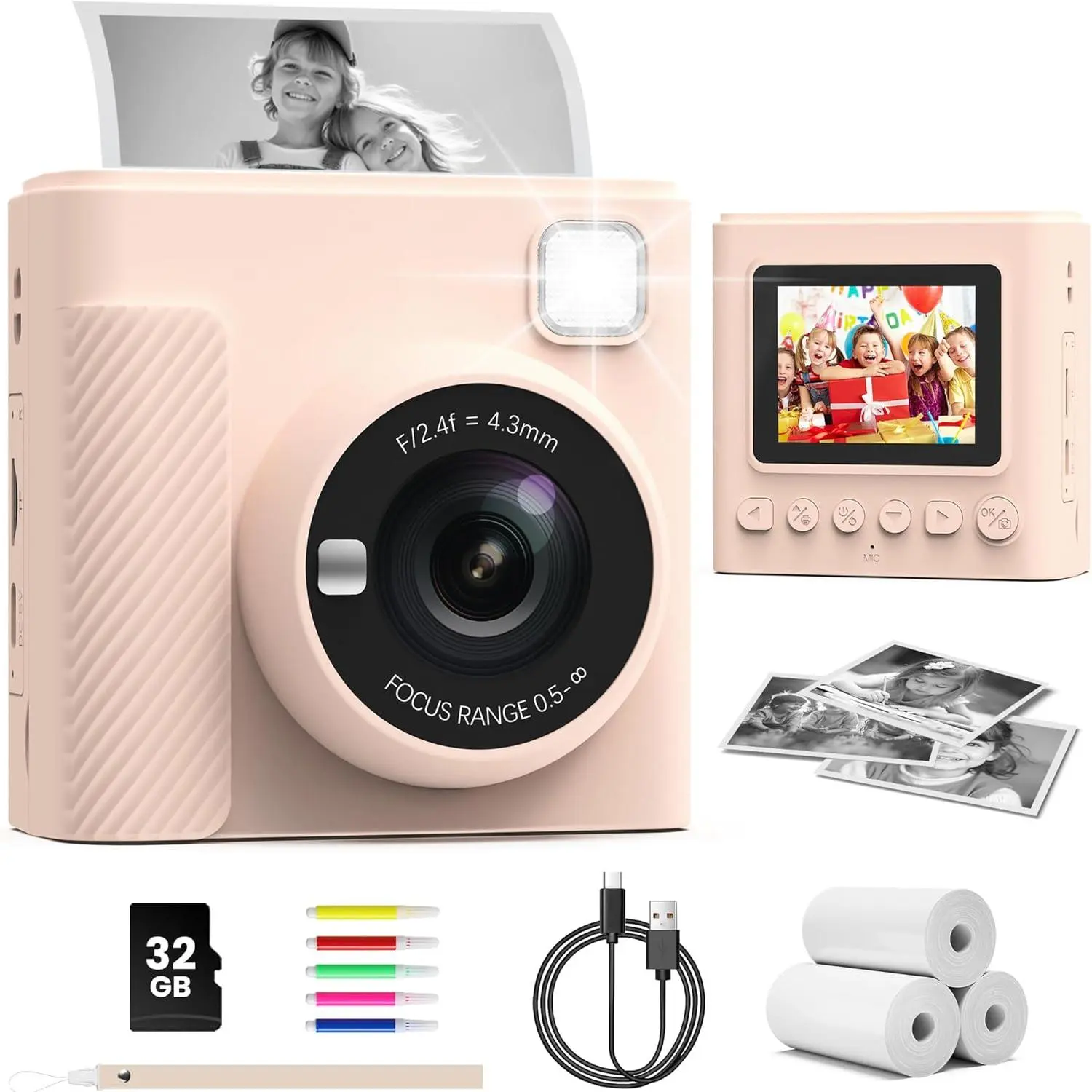 Print Camera, Christmas Birthday Gifts for Girls and Boys, 1080P  Video Digital  Camera with Print Paper & 32G Card,   for 3-14  (Brown)