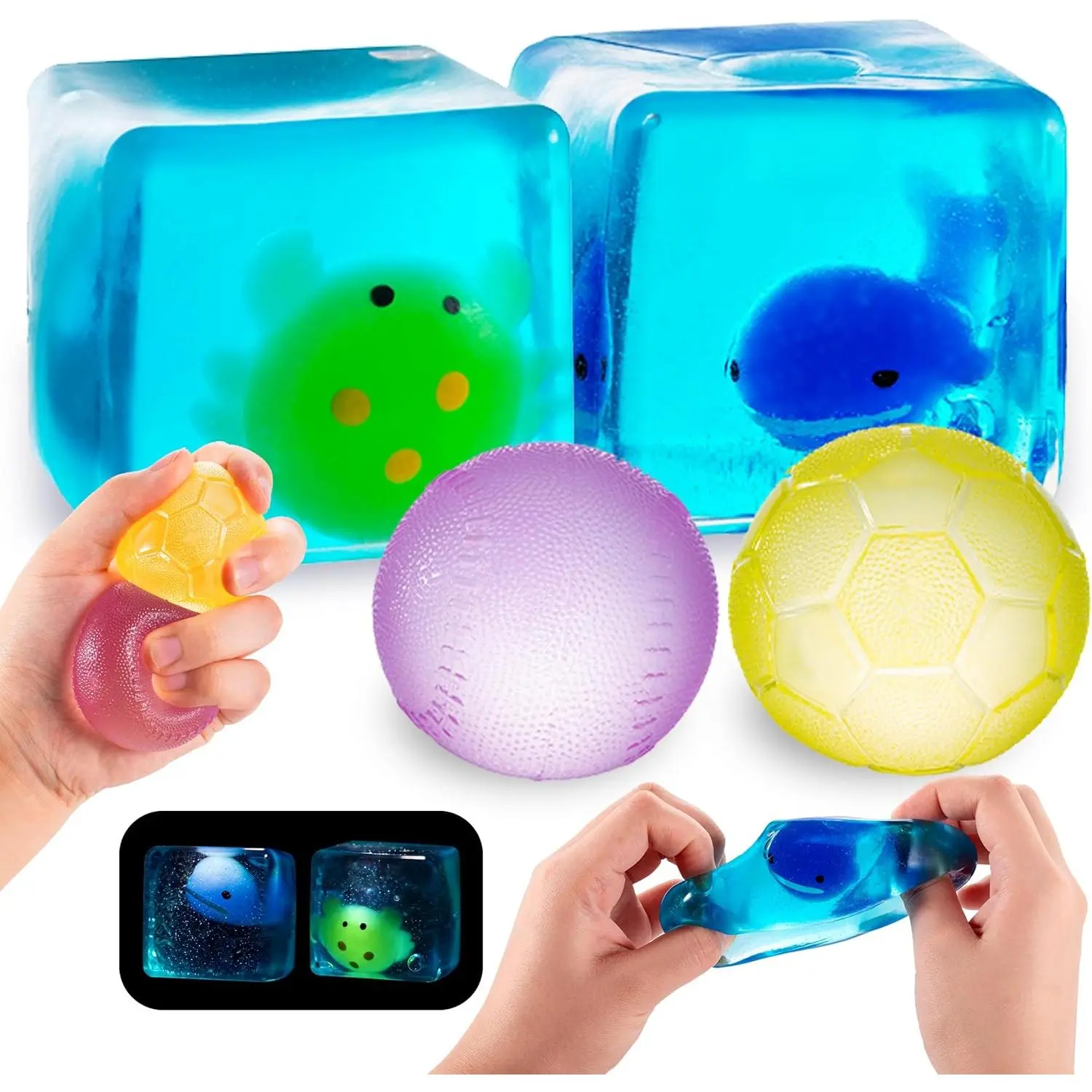 Squishy Stress Ball & Cube Fidget Toys Set - 4Pack Malt Sugar Squishy Toys,Glow in The Dark Fidget Cube Toys, Sensory Slow Rise Gel Ball for Kids and Adults, Party Favors & Gift Ideasfidget toys