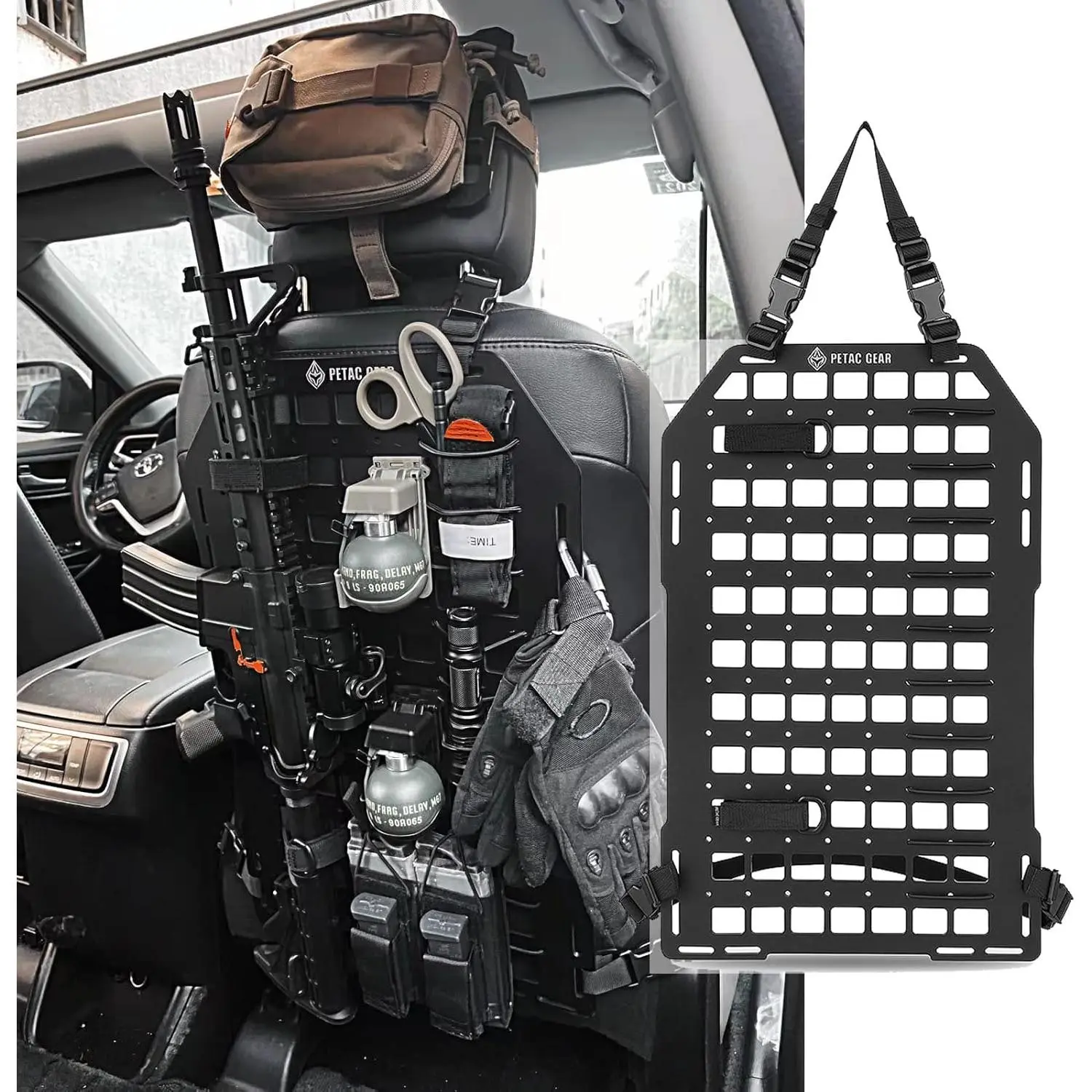 PETAC GEAR Tactical Car Seat Back Organizer| Rigid Molle Panels for Vehicles| Truck Mount Rack Panel for Tactical Gear Accessories.-