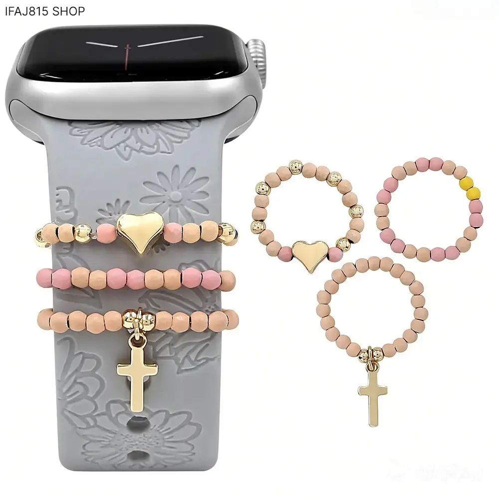 Heart Cross Beaded Watch Band Charms for Apple Watch, Handmade Style Watch Jewelry Accessories, Decorative Silicone Strap Rings for Women, Trendy Smartwatch Charms for Everyday Wear and Gift Giving