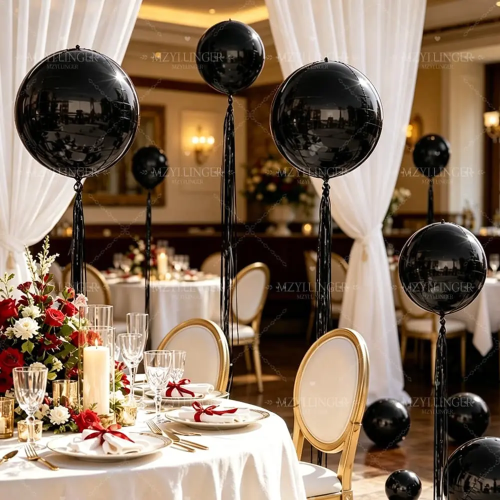 8 sets, black round foil Balloon set, including 32 "22" 18 "black 4D balloon, and black sequined fringe rain curtain, suitable for graduation, retirement, PROM, birthday, wedding, anniversary, disco party, New Year's Eve decoration 2027