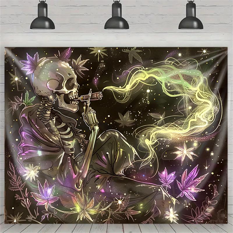 UV Black Light Reactive Wall Hanging Tapestry, Smoking Skull with Plant Leaves Smoke Design, Polyester Decorative Art, Knit Fabric, 85 gsm, for Dorm and Bedroom Decor, No Electricity Needed