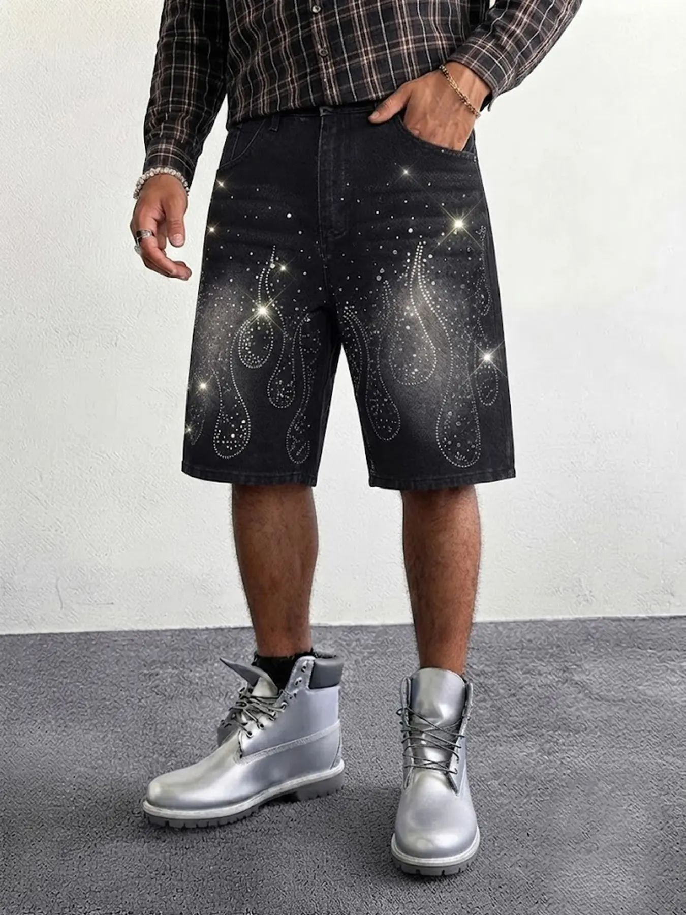 Men Vintage Y2K Black Washed Baggy Denim Jorts Rhinestone Paisley Print Knee Length Loose Jean Shorts Summer High Street Streetwear Music Festival Outfits