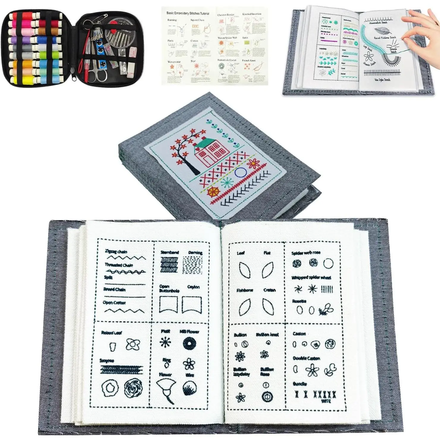 Embroidery Stitch Book Kit, Stitch Book Embroidery Kits  , Embroidery Books of Stitches on Linen Fabric, Comes with a Complete Toolkit and Instructional Tutorial