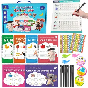 Grooved Writing Books  Handwriting Practice for  3-8 Large   Workbooks Tracing Books  Learning Letter Number Math Drawing with Disappearing Ink Pens, 6 Books