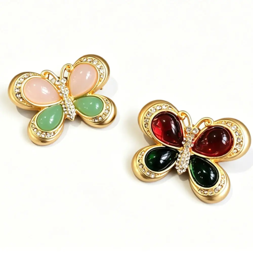 2 Styles Soft Pink Green  Deep Red Green Jade Crystal Butterfly Brooch Neutral Wedding Sweet Outfit Decor Pin