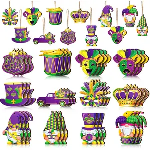 36 count Mardi Gras Ornaments for Tree Wooden Mardi Gras Tree Decorations  Yellow Green  Crown Mask  Ornaments for Carnival Holiday Party Favors