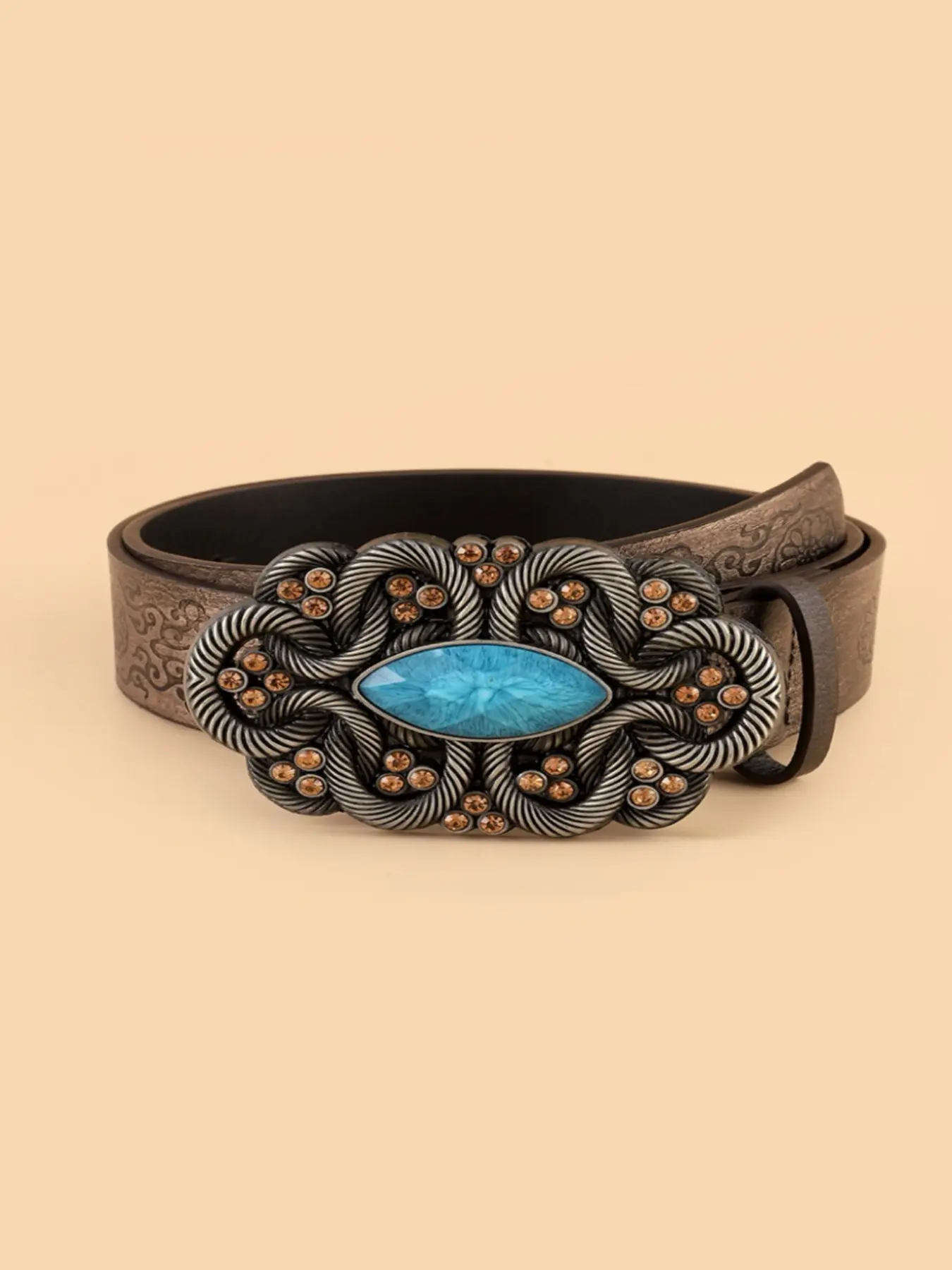 Western Retro Vintage Exquisite Beaded Belt with Antique Silver Color Inlay and Turquoise, Boho Style All over Print Belted Waistband, Perfect for All Seasons